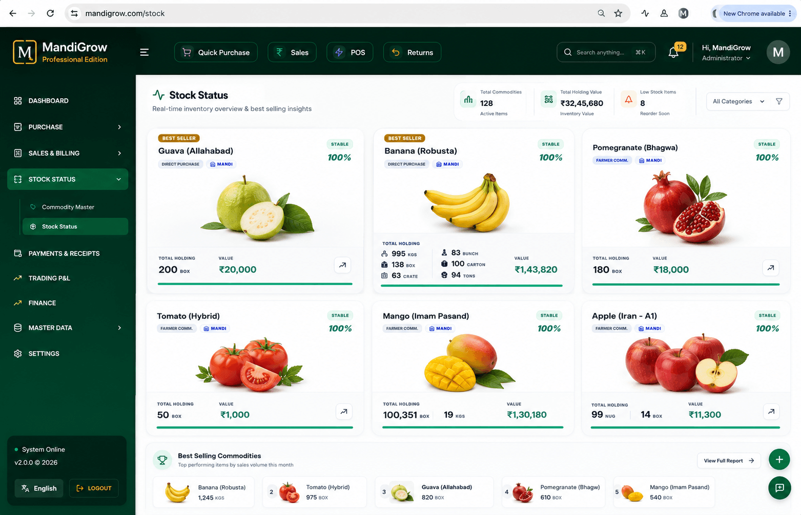 MandiGrow Stock Status Dashboard