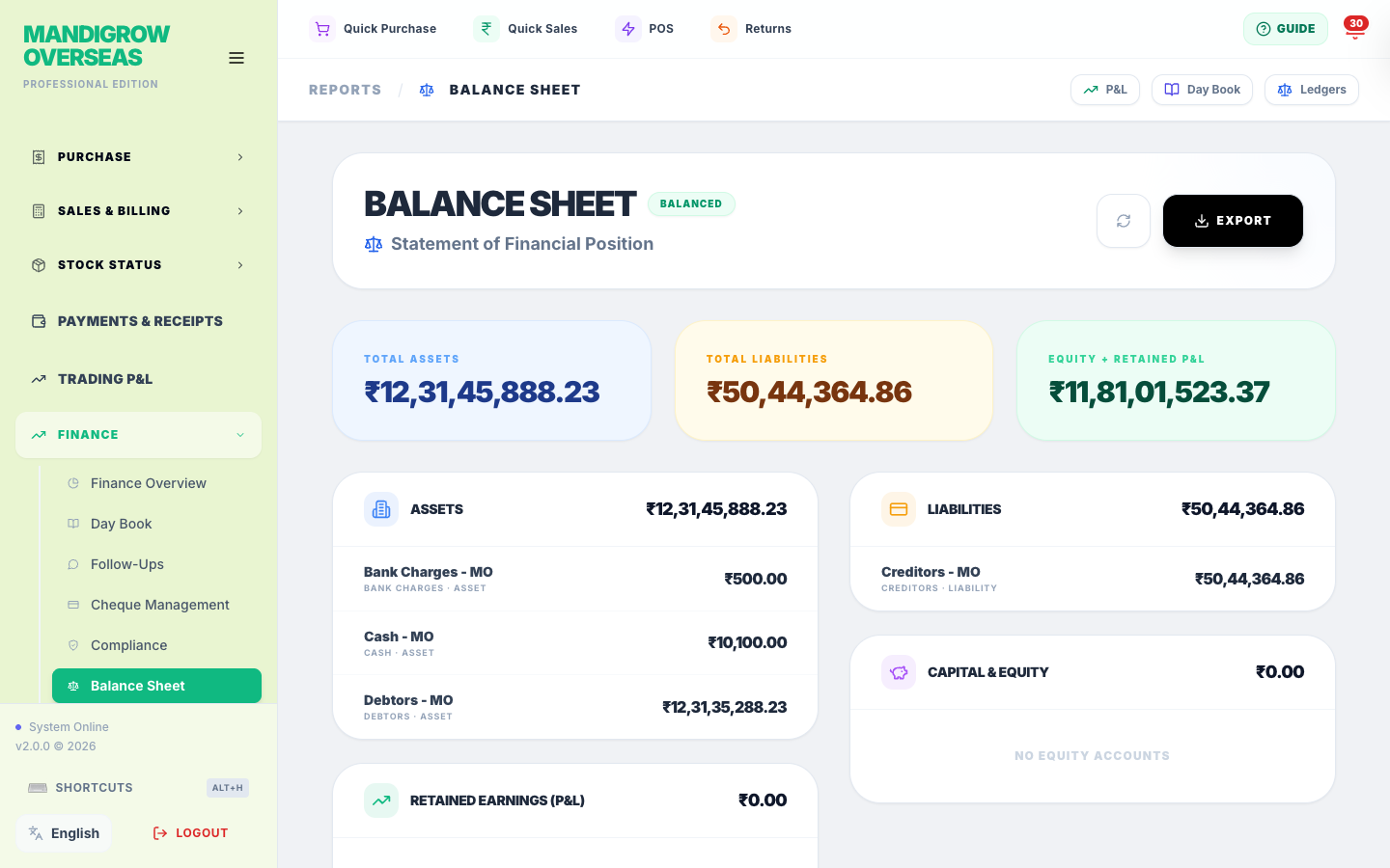 Balance Sheet — what you own vs what you owe, live.