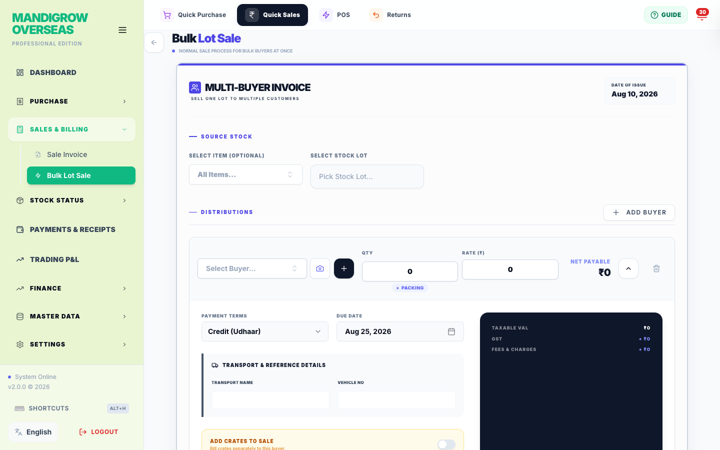 Bulk Lot Sale — sell many lots to one buyer in a single bill.