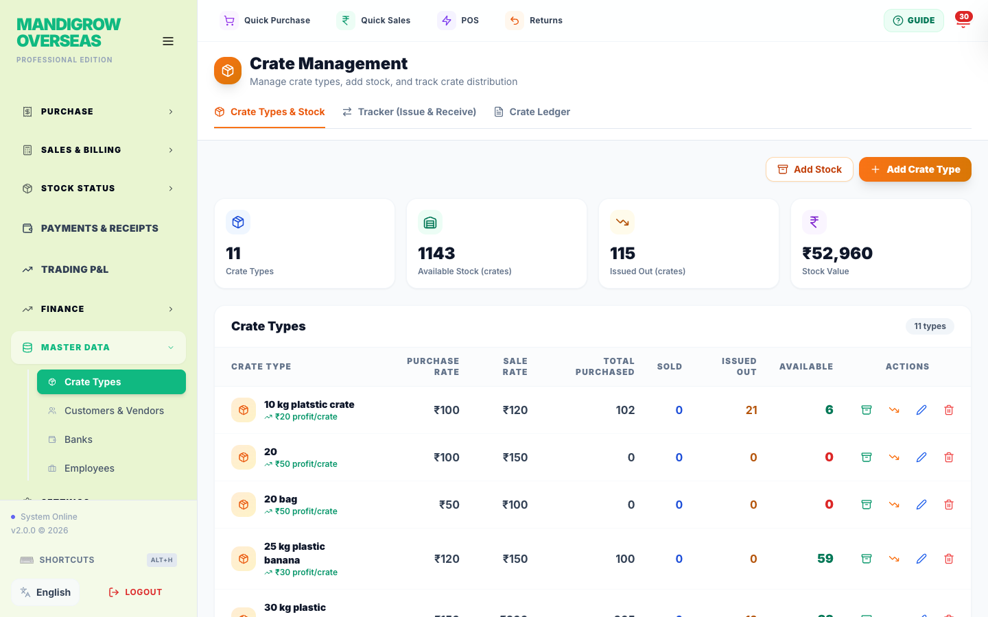 Crate Types — set your crate/box kinds and deposit so returns can be tracked.