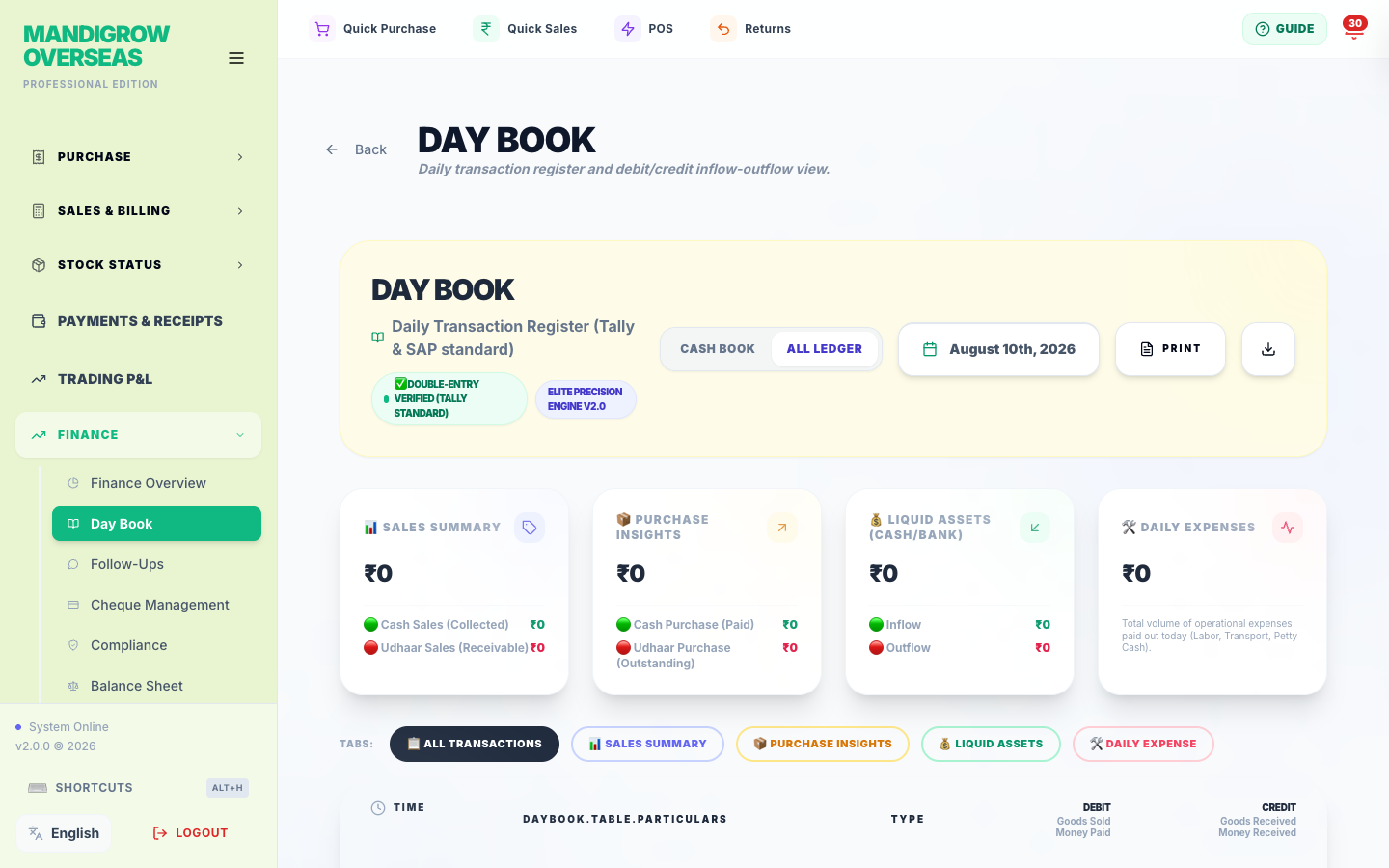 Day Book — one day's full money diary: total in, total out, closing cash.