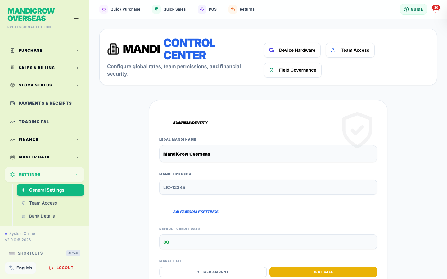 Settings — your shop name, logo, staff logins, banks and plan, all in one place.